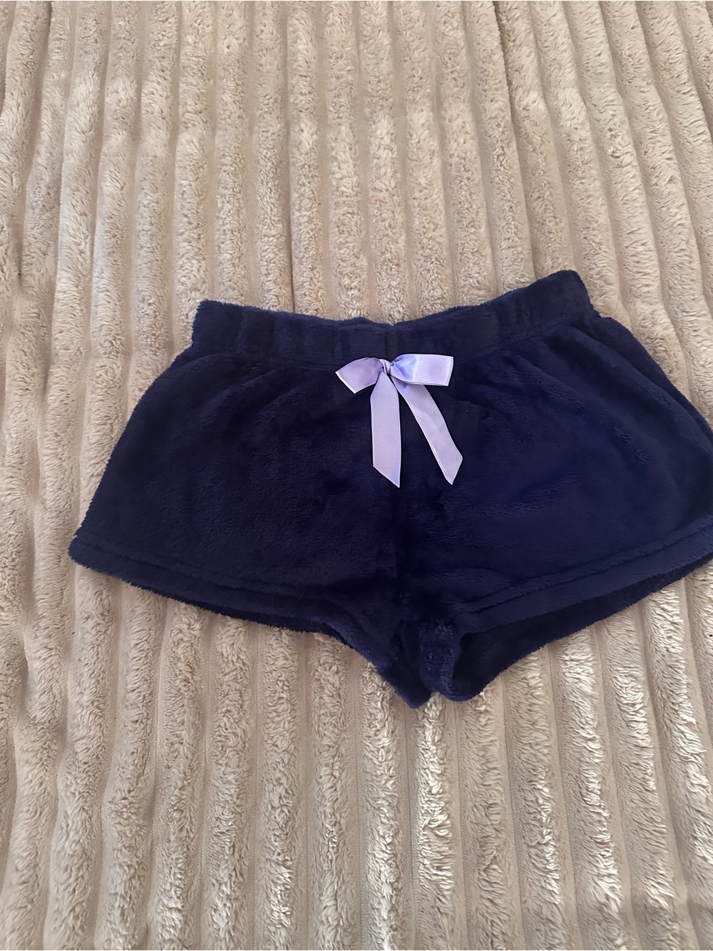 XOXO Navy Blue Plush Shorts with Lilac Bow